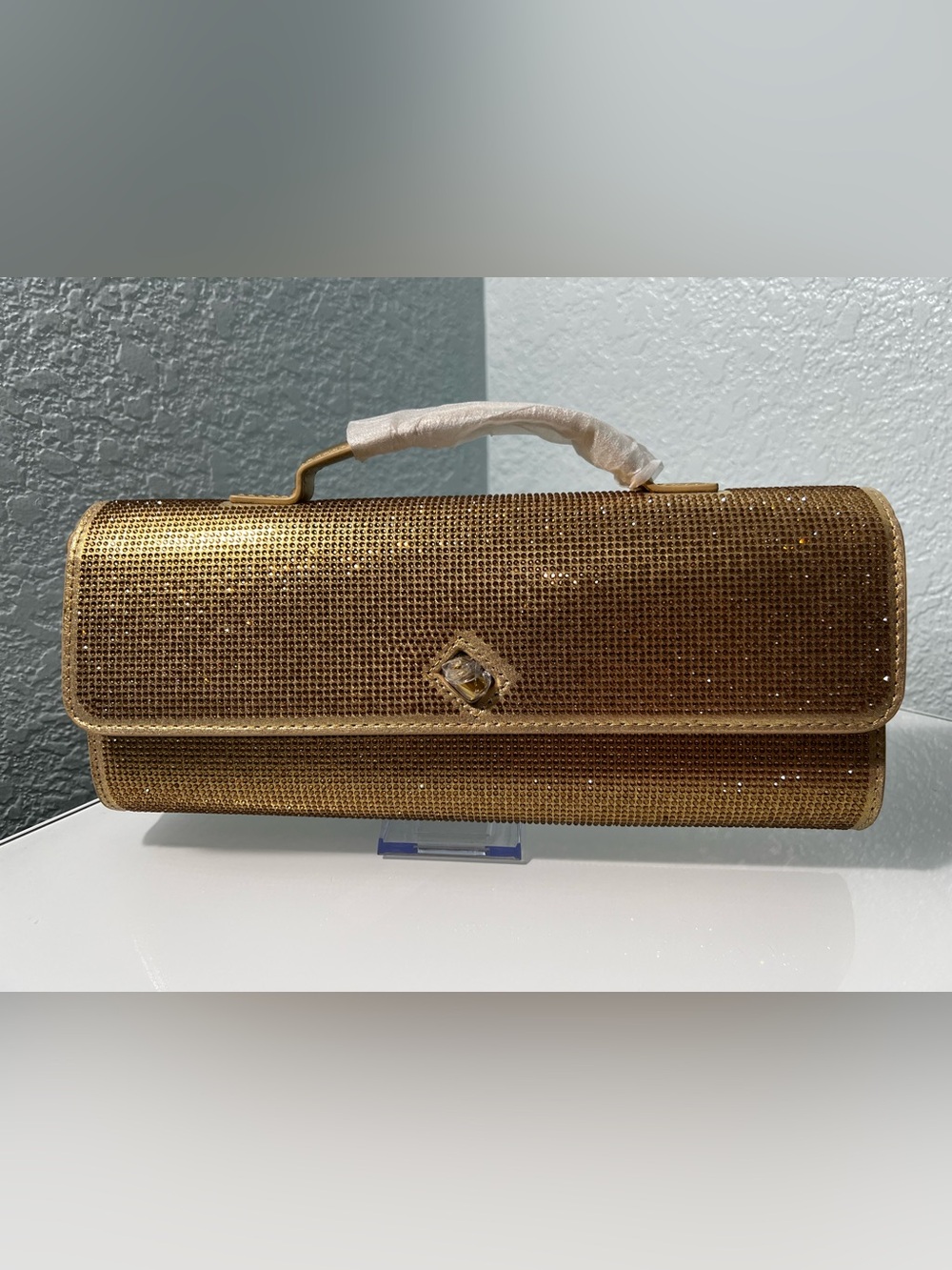 Gold Rhinestone Clutch Handbag purse elegant elongated evening bag crossbody - Picture 2 of 13